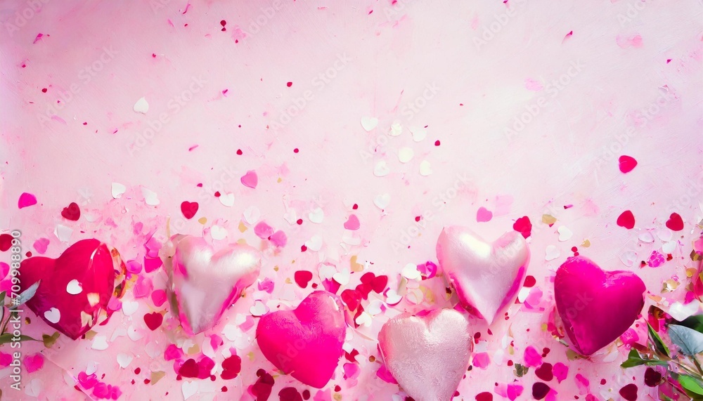 valentine s day background with hearts and confetti on pink