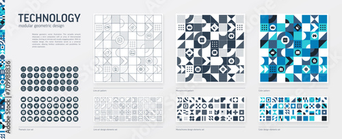Technology Modular Geometric Design. Thin Line, Black, White and Color style Pattern. Artificial Intelligent Graphic Element Set. Network, Big Data Icon. Triangle, Square, Circle Forms. Grid Construct