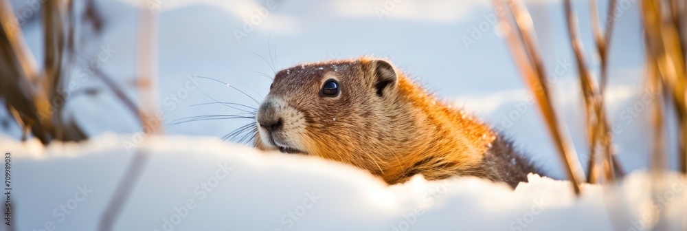 Obraz premium Groundhog day panoramic greeting banner, outdoor background with snow and copy space.