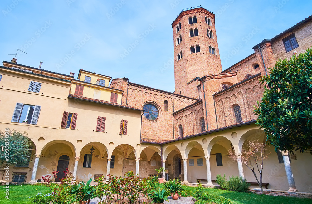 St Antoninus Basilica courtyard and garden, Piacenza, Italy