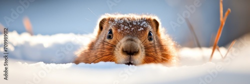 Groundhog day panoramic greeting banner, outdoor background with snow and copy space. photo