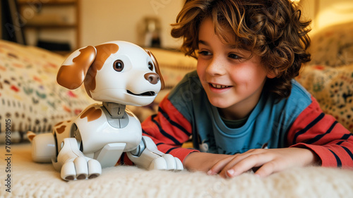 young boy with curly hair is smiling and lying on his stomach on a carpet. He is facing a robotic dog toy that has brown spots