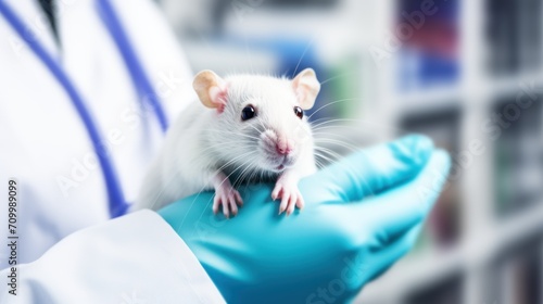 Hands of a veterinarian in blue gloves holding white rat. Pet care.