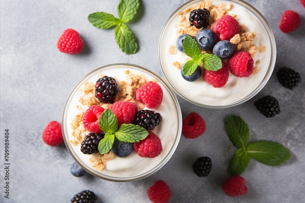 Two healthy breakfast bowl with ingredients granola fruits Greek yogurt and berries top view. Weight loss, healthy lifestyle and eating concept Two healthy breakfast bowl with ingredients granola fruits Greek yogurt and berries top view. Weight loss, healthy lifestyle and eating concept
