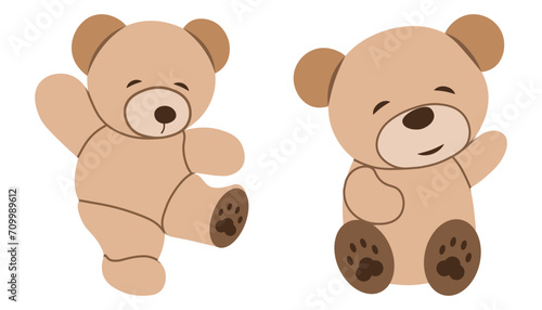 Teddy bear sitting and standing flat illustration. Cute soft toy. 