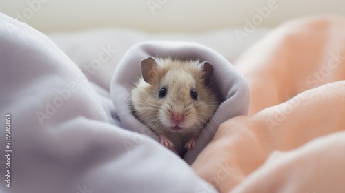 Cute and adorable domestic hamster on soft cloth background with copy space.
