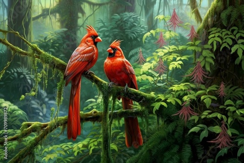 Two red cardinal birds perched on a tree in a lush forest. Generative AI photo