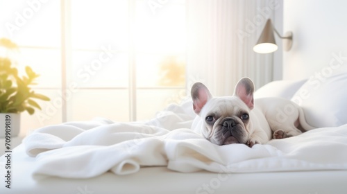 Cute and adorable French bulldog relax in a cozy bedroom. Sleepy dog. Indoor background with copy space.