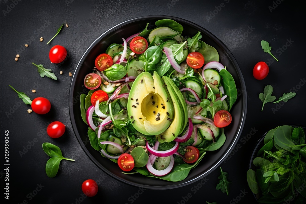 Spring vegan salad with spinach, cherry tomatoes, corn salad, baby spinach, cucumber and red onion. Healthy food concept.Top view. Spring vegan salad with spinach, cherry tomatoes, corn salad, baby spinach, cucumber and red onion. Healthy food concept.Top view.