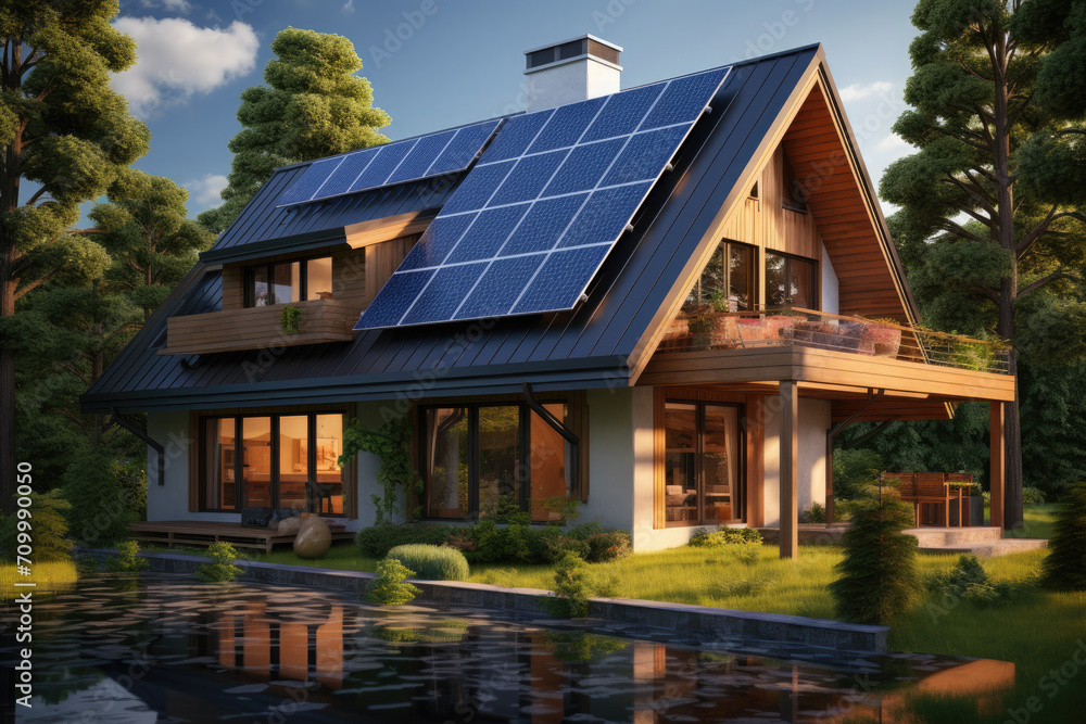 Beautiful modern large eco house with solar panels on the roof and a beautiful green estate, yard.Concept of alternative and renewable energy.