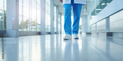 A doctor in uniform walks along the corridor of a modern clinic. Medicine and healthcare concept...