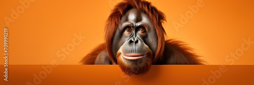 Cute orangutan on orange background, wide horizontal panoramic banner with copy space, or web site header with empty area for text. photo