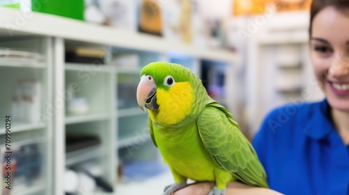 Female veterinarian and green parrot in the vet clinic. Indoor background.