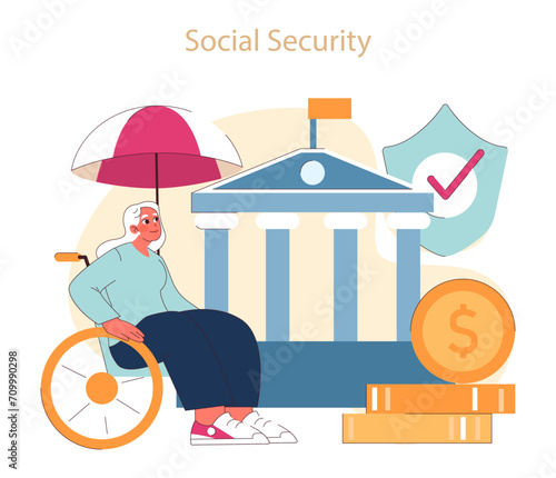 Retirement concept. Elderly person secured by social safety net, signifying government support. Serenity in golden years assured.