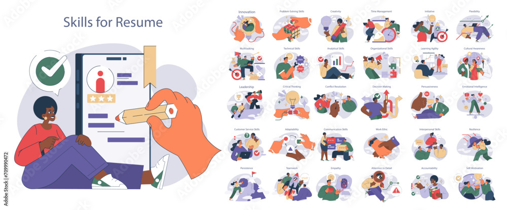 Soft skills set. Illustration of diverse characters displaying teamwork, emotional intelligence, and professional growth. Multitasking man anchors the concept. - obrazy, fototapety, plakaty 