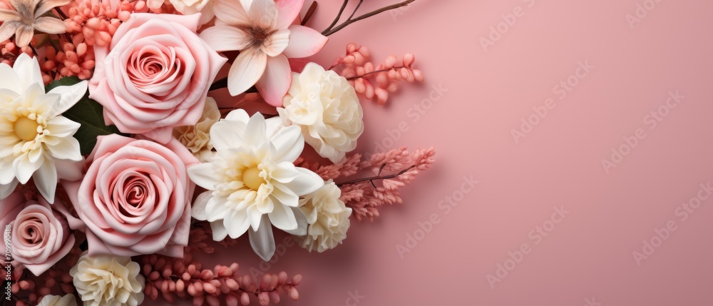 Beautiful bouquet of different flowers in a gift box isolated . Springtime Concept. Mothers Day Concept with a Copy Space. Valentine's Day with a Copy Space.	