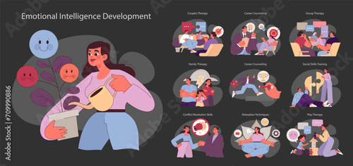 Socio-psychological support set. Various therapeutic methods nurturing emotional well-being. Techniques for personal growth.