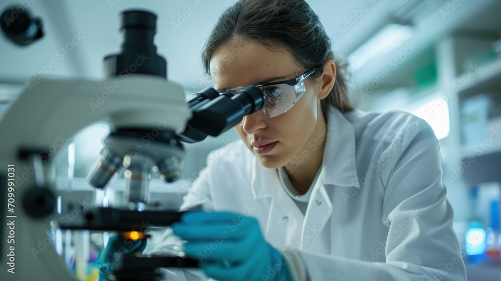 a female research scientist is analyzing a sample on her microscope in a microbiology lab a female research scientist is analyzing a sample on her microscope in a microbiology lab