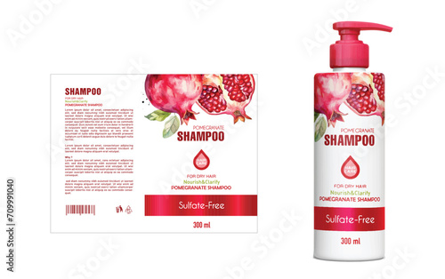 Pomegranate Shampoo Label Design, Shampoo bottle template design vector illustration, Vector label design, EPS Package, Watercolor Pomegranate Label design, mockup Shampoo,Pomegranate shampoo package	