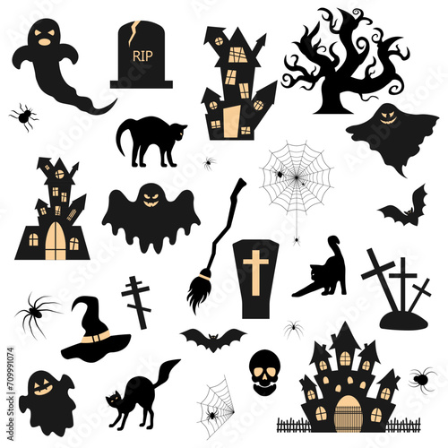 Halloween set of silhouettes icons. Vector illustration.
