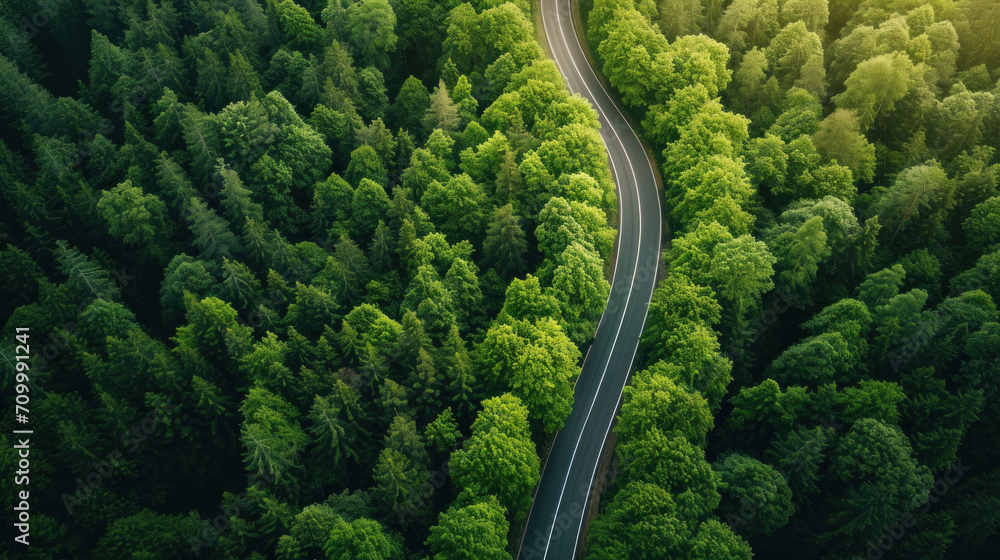 Aerial view of the mountain road in a green forest Aerial view of the mountain road in a green forest