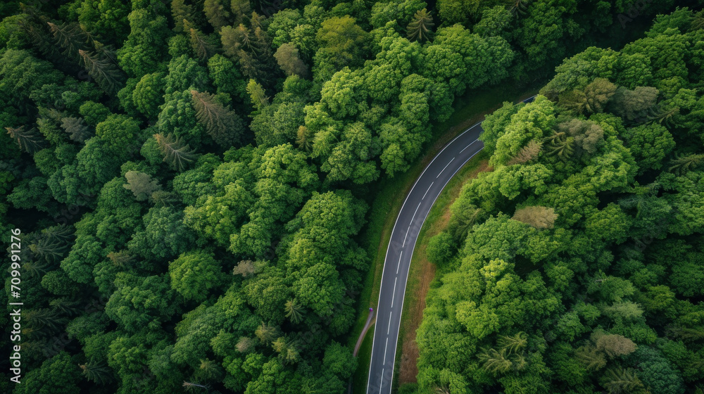 Aerial view of the mountain road in a green forest