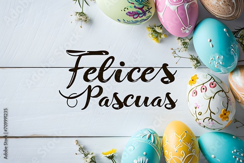 'Felices Pascuas' Calligraphy on a white Background surrounded by colorful Easter Eggs. Modern Easter Card Template