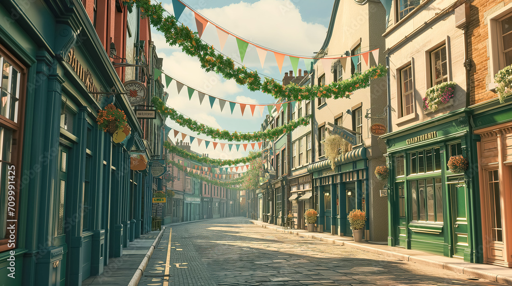 Empty city street decorated with garlands and traditional green orange flags for St. Patrick's Day carnival - obrazy, fototapety, plakaty 