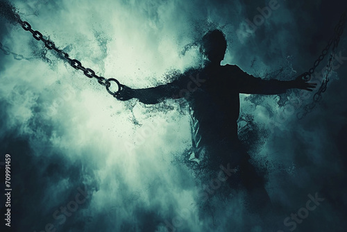A powerful image of a person breaking free from chains, symbolizing breaking the stigma associated with mental health  photo