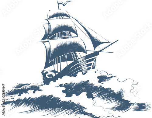 Sketched vintage sailing boat in storm