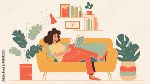 Flat design Woman in warm clothes rest on armchair with book - hygge concept