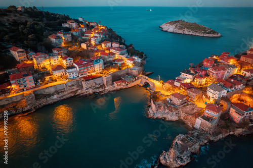 Aerial view of historic Ottoman and Turkish town Amasra view from drone.
