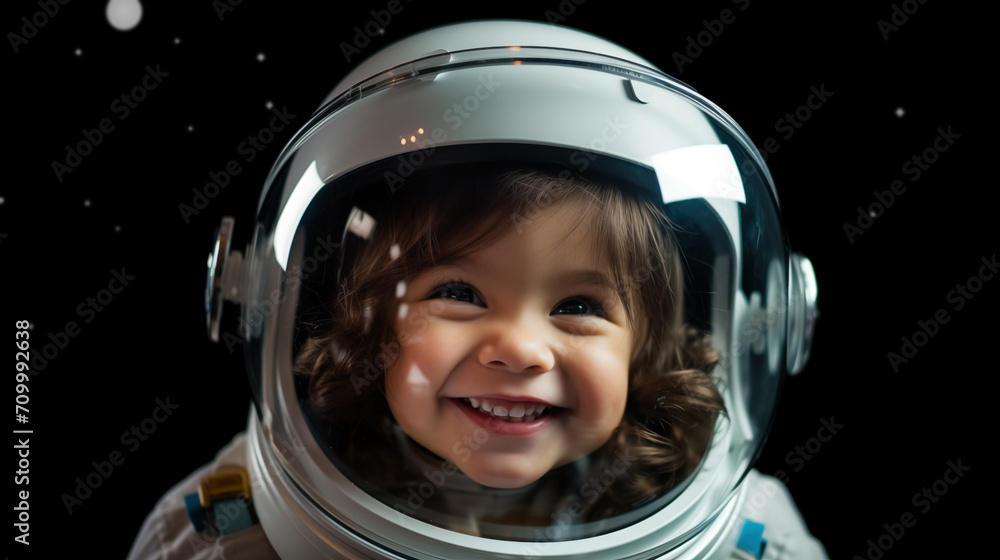 Smiling little girl in space suit wearing helmet and smiling at camera, Astronaut futuristic kid girl, minimalist dark background with projected stars, generative ai Smiling little girl in space suit wearing helmet and smiling at camera, Astronaut futuristic kid girl, minimalist dark background with projected stars, generative ai