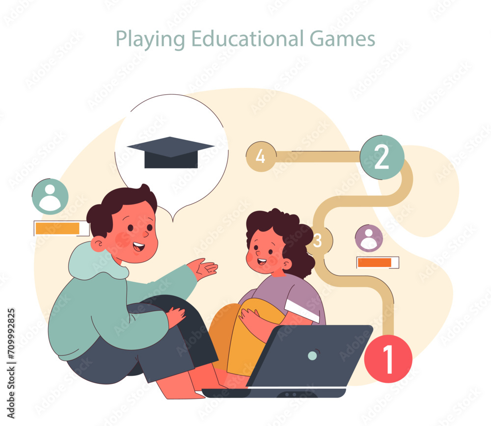 Children learn. Elementary school classes. Kids engaged in learning through interactive educational games. Academic knowledge gaining. Flat vector illustration