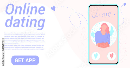 Banner with smartphone with dating app vector template. Online dating app. Search for partners online. Internet dating.