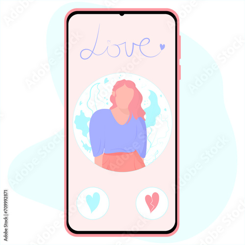 Smartphone with dating app vector template. Online dating application. Search for partners online. Internet dating. Love and relationships. Smartphone and new technologies.