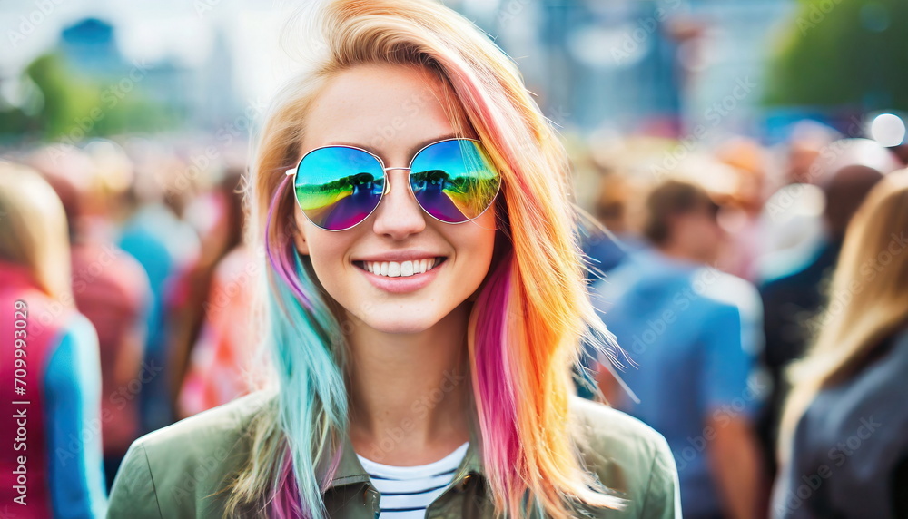 festival party or meeting, young adult woman with colorful dyed hair and sunglasses outdoors in a crowd of people - obrazy, fototapety, plakaty 