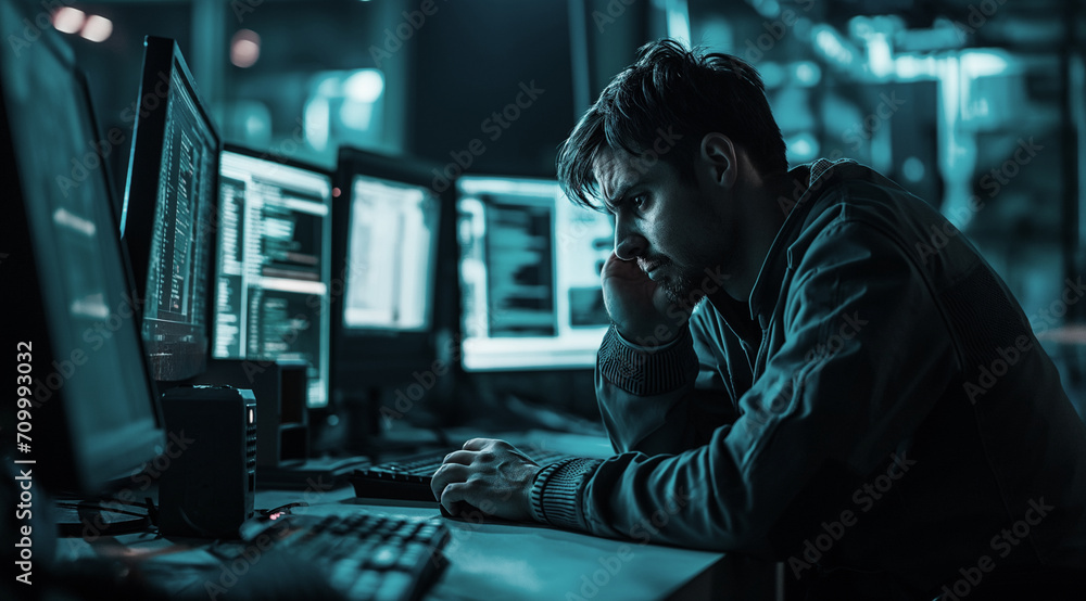 man looks worried at his computer screen in a dark room filled with monitors. He seems upset, possibly working late on serious problems