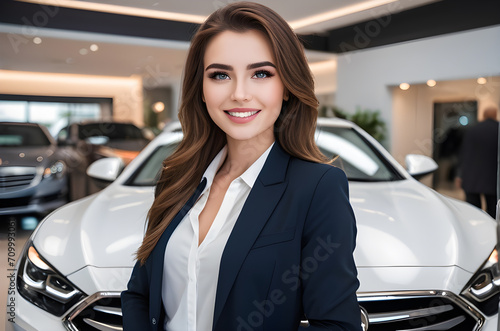 Beautiful car saleswoman in luxury showroom, car dealer business © Link Parker