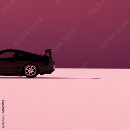 4K Square side view angle a black metalic supercar with Pink pastel color background isolated, JDM japan car or Japanese Domestic Market