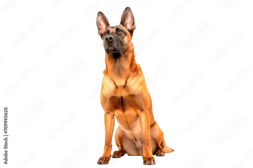 Purebred purebred German Shepherd sitting full-length and looking up, isolated on a transparent background.