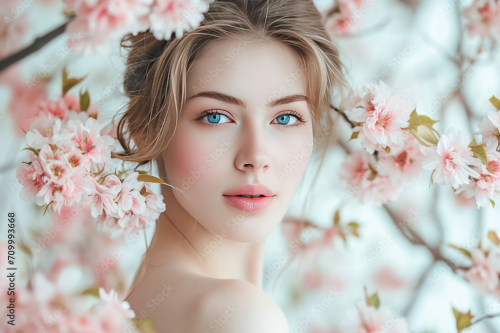 Spring woman's portrait in cherry blossom, fashion shot 