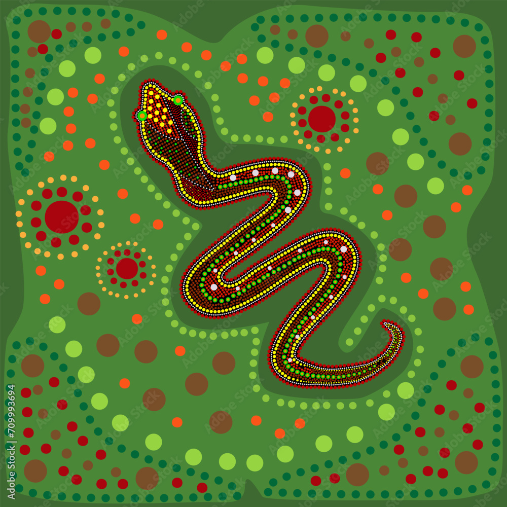 Fototapeta premium Snake in australian aboriginal style. Australia indigenous art green background with snake and dots. Decorative ethnic viper. Aboriginal tribal art craft. For flyer, poster, placard, brochure. Vector