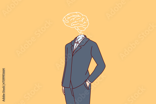 Smart business man with brain instead of head and high intelligence, keeps hands in pocket standing in formal suit. Smart guy in jacket and shirt symbolizes talented human capable creating own company