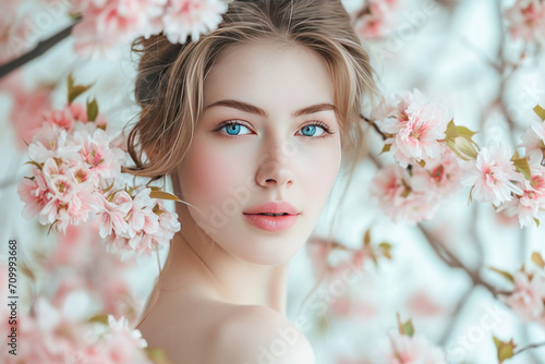 Spring woman's portrait in cherry blossom, fashion shot 