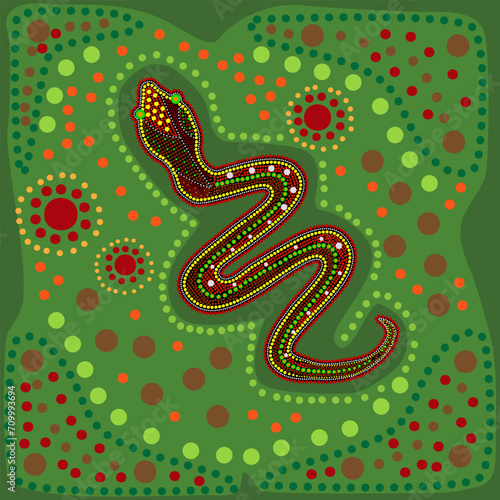 Snake in australian aboriginal style. Australia indigenous art green background with snake and dots. Decorative ethnic viper. Aboriginal tribal art craft. For flyer, poster, placard, brochure. Vector photo