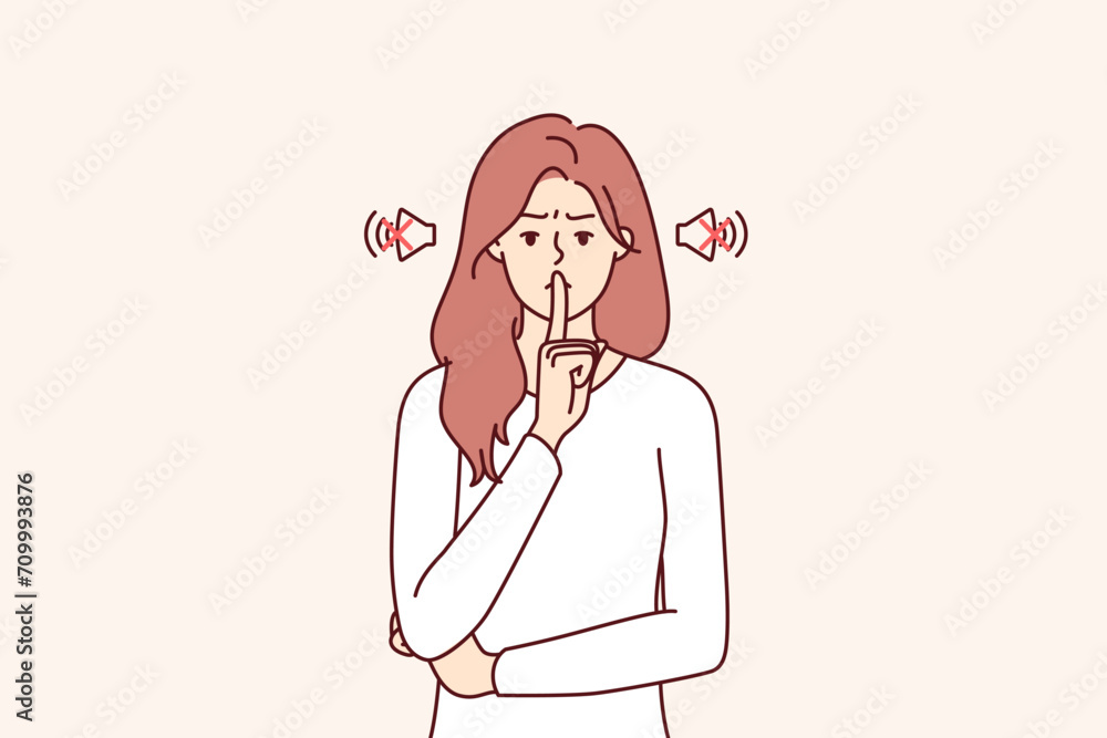 Frowning woman makes tss gesture calling for phones to be turned off or to speak more quietly. Girl orders silence, showing tss sign with hand, to calm down hyperactive children making lot of noise. Frowning woman makes tss gesture calling for phones to be turned off or to speak more quietly. Girl orders silence, showing tss sign with hand, to calm down hyperactive children making lot of noise.