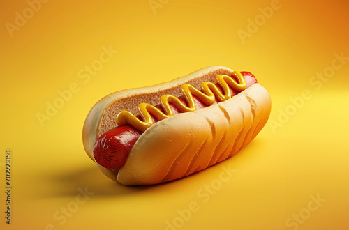 Tasty hot dog with mustard, isolated on a yellow background