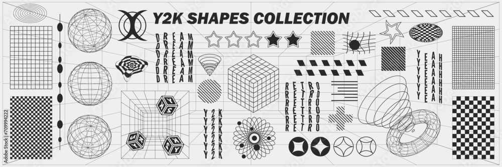 Abstract geometry wireframe shapes and patterns, cyberpunk elements, signs and perspective grids. Surreal geometric retro signs. Rave psychedelic futuristic Y2k acid aesthetic set. Vector illustration - obrazy, fototapety, plakaty 