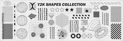Abstract geometry wireframe shapes and patterns, cyberpunk elements, signs and perspective grids. Surreal geometric retro signs. Rave psychedelic futuristic Y2k acid aesthetic set. Vector illustration photo